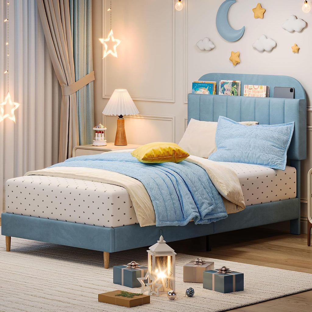 GarveeHome Twin Bed Frame with Storage Headboard, Velvet Upholstered Platform Bedframe for Kids, Boy Bed, Strong Wooden Slats, Noise-Free, Easy Assembly, No Box Spring Needed, Blue