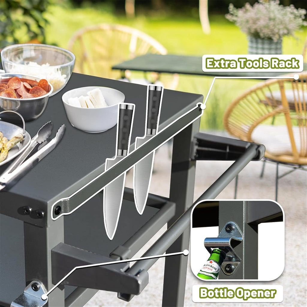 3-Shelf Outdoor Grill Table, Grill Cart with Wheels, Heavy-Duty Steel Food Prep Station with Propane Tank Hook for Blackstone Griddle, Pizza Oven Stand and BBQ Grill Cart for Backyard Cooking