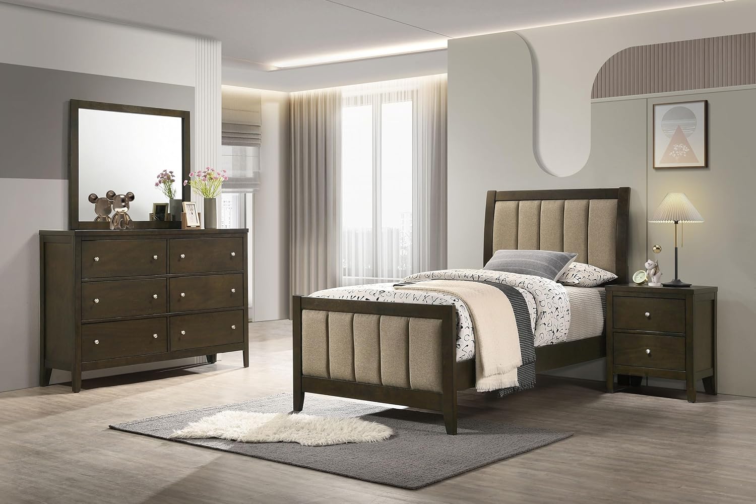 Coaster Home Furnishings Wilkes Transitional 4-Piece Bedroom Set Fabric Upholstered Twin Size Panel Bed Frame 51-inch Headboard Dark Cocoa 224421T-S4