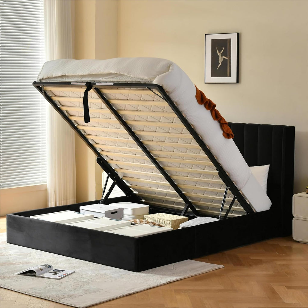 YUHUASHI Queen Size Hydraulic Storage Bed, Upholstered Platform Bed Frame, Modern Wingback Design Headboard, Velvet Fabric with Hydraulic Support Bars, No Box Spring Required (Black, Queen)
