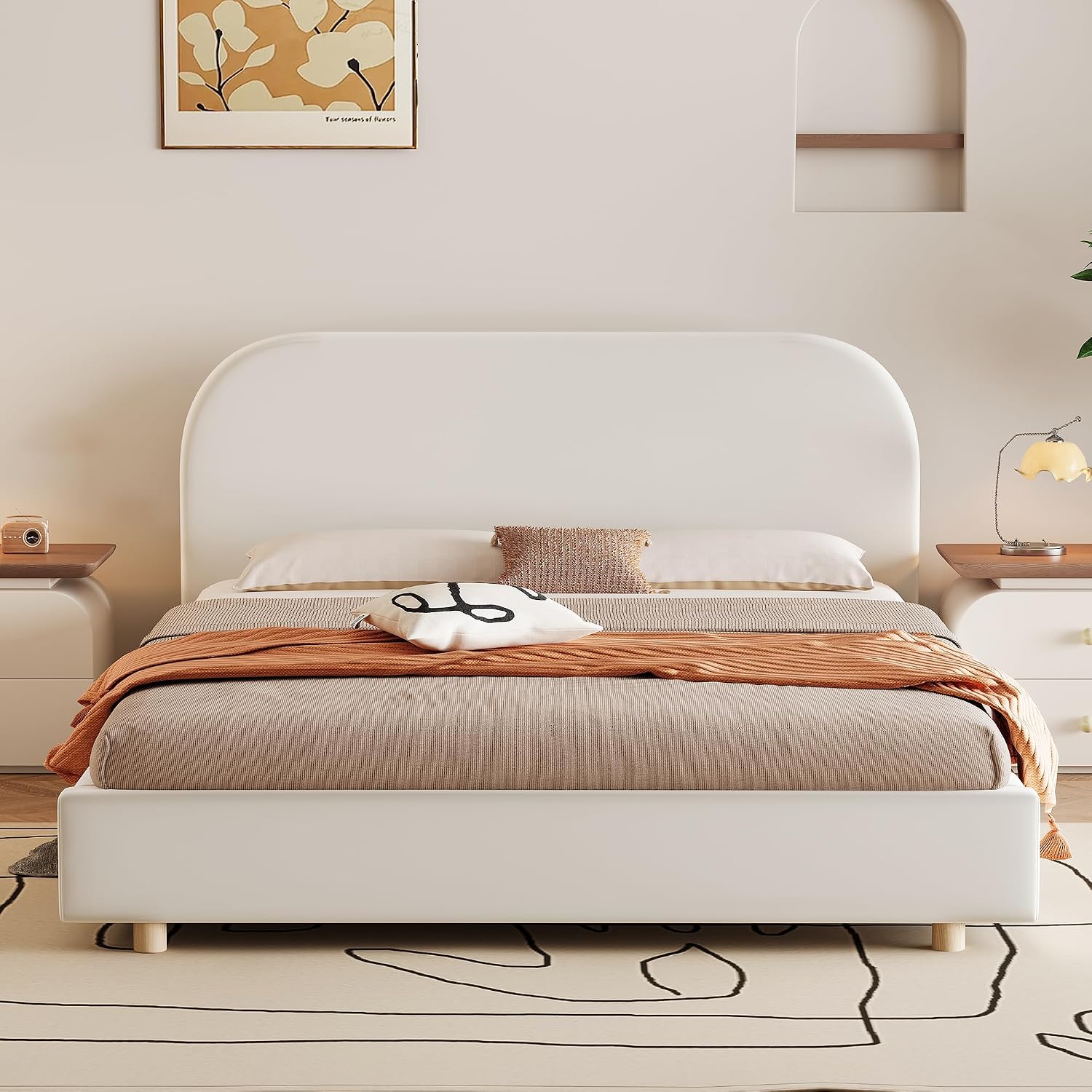 Luxurious Velvet Full Size Upholstered Platform Bed, Modern Solid Bed Frame with Curve-Shaped Design and Thick Headboard for Bedroom, Easy 15-30 min Assembly,Beige