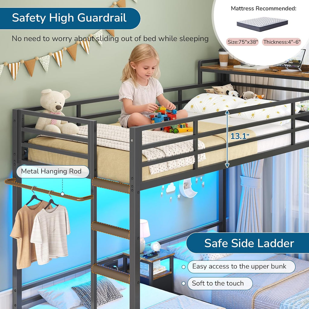 Triple Bunk Bed with Storage Drawers and Bedside Shelf, Twin Over Twin Bunk Bed for Kids/Teens with LED Lights and Charging Station, Heavy Duty Metal Bunk Beds with Safety Guardrail and Ladder, Black