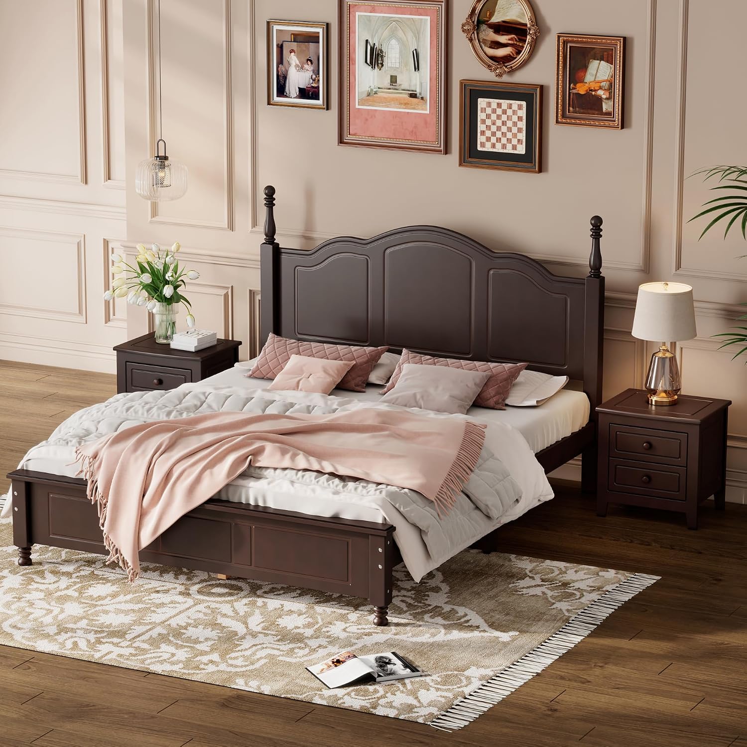 Harper & Bright Designs 3-Piece Queen Bedroom Set, Retro Style Wooden Bedroom Furniture Set with Queen Size Bed Frame and Two Nightstands for Kids Teens Adults Bedroom, Dark Walnut