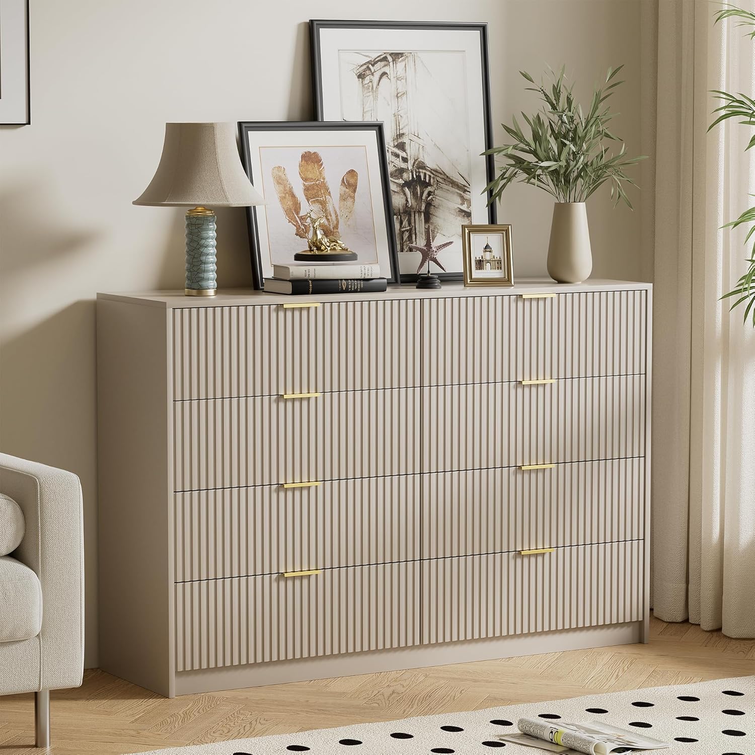 Furniway Beige Dresser Bedroom Set 3 Pieces, Nightstands Sets of 2, 8 Drawer Dresser with Gold Handles for Bedroom