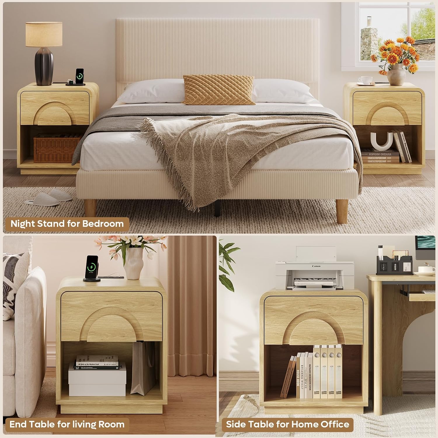 Bestier Night Stand Set of 2, 23.6' H Curved Nightstand with Charging Station, Farmhouse Bedside Table with Drawer & Open Shelf, Arched & Curved Nightstand, Solid Wood End Table for Bedroom, Natural