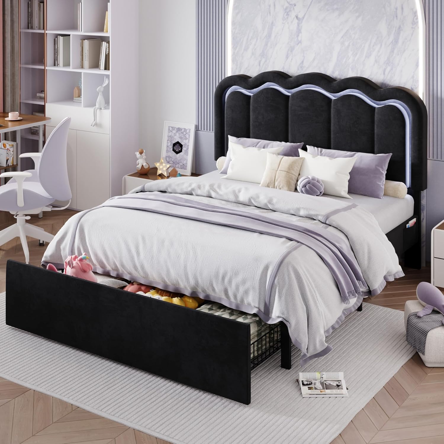 SHA CERLIN Upholstered Queen Size Bed Frame with LED Lights and Large Storage Drawer, Velvet Platform Bed with Adjustable Wavy Headboard, Noise Free, Easy Assembly, No Box Spring Needed, Soft Black