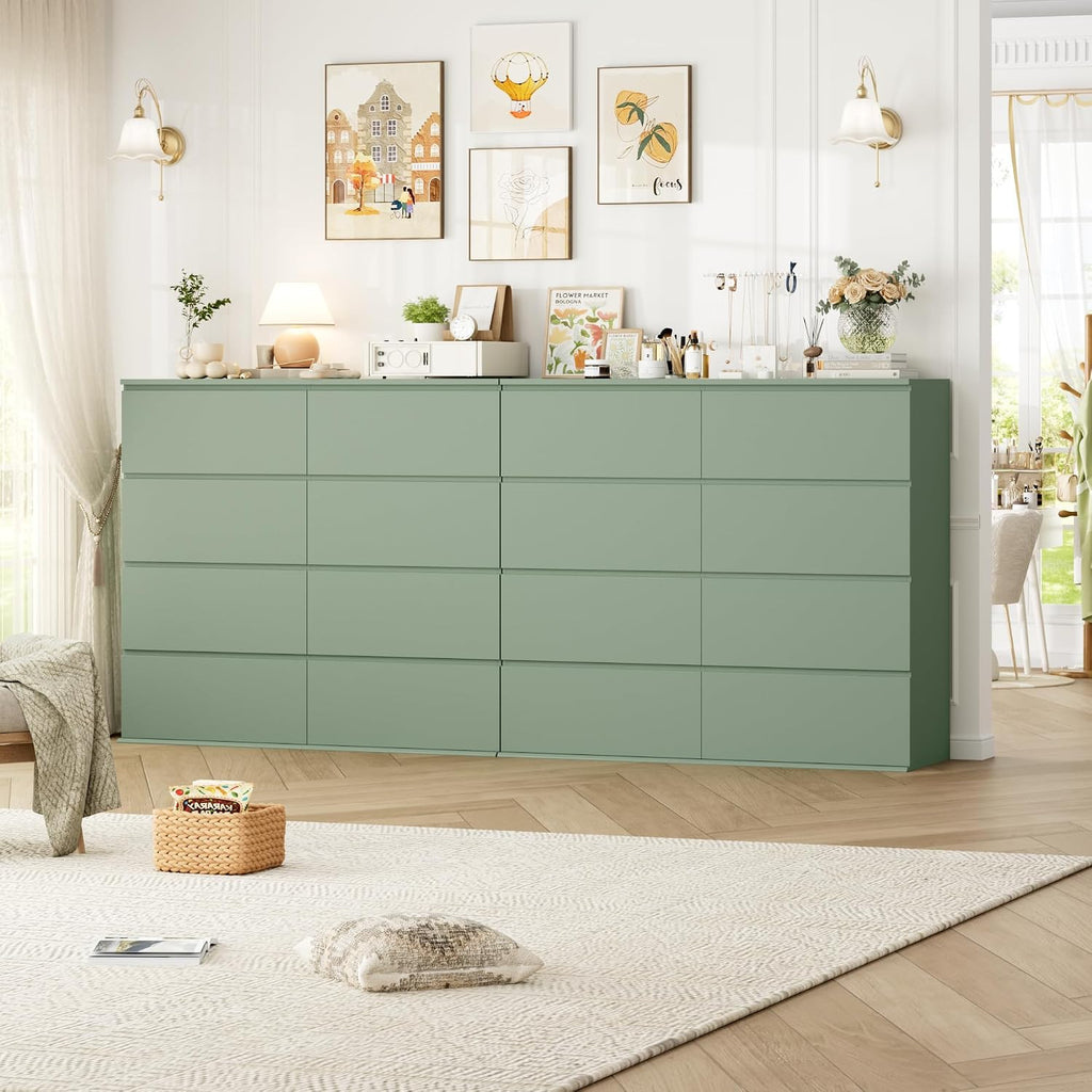 FINETONES Dresser for Bedroom, 8 Drawer Dresser Double Chest of Drawers, Modern Wood Dressers with Deep Drawers for Living Room, Green