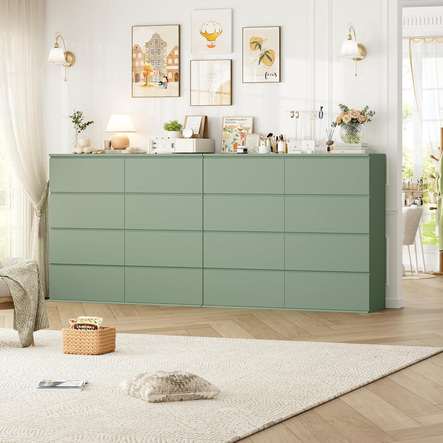 FINETONES Dresser for Bedroom, 8 Drawer Dresser Double Chest of Drawers, Modern Wood Dressers with Deep Drawers for Living Room, Green