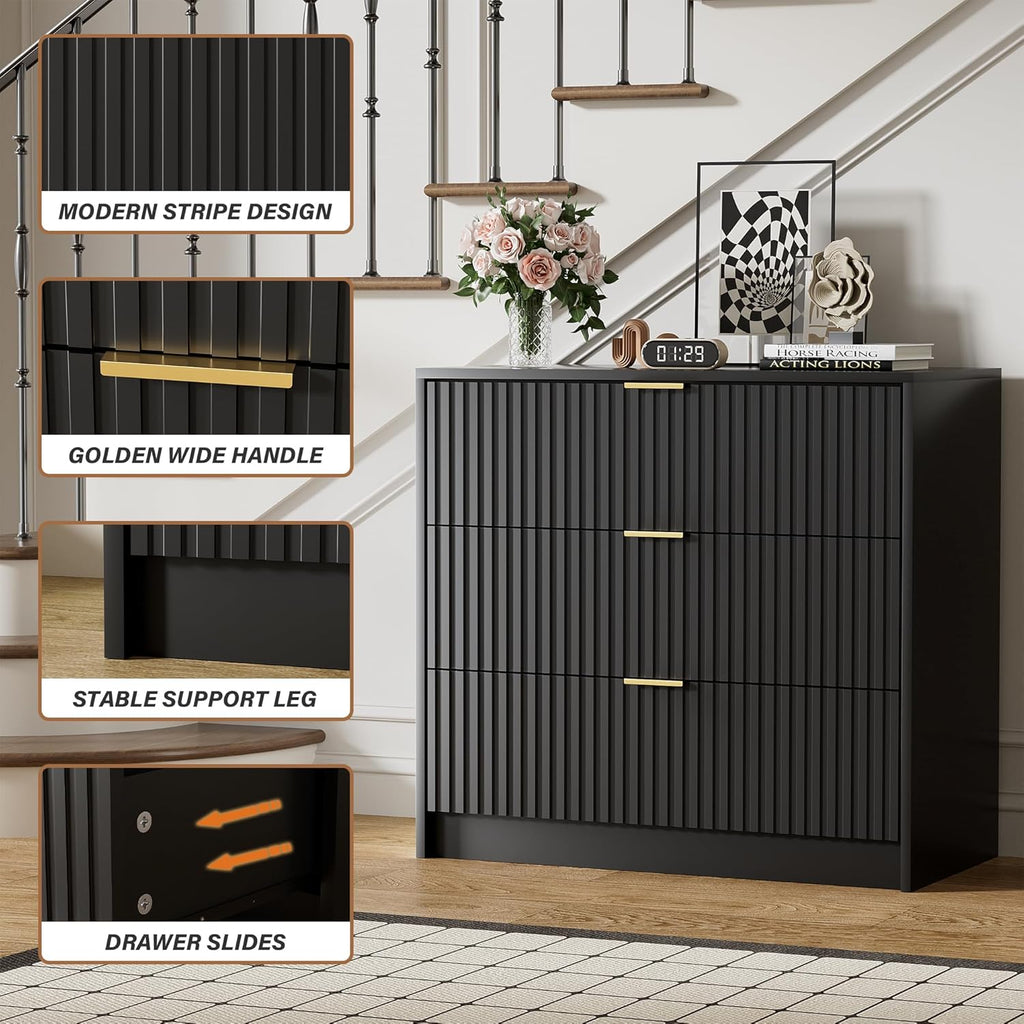 Furniway Black Dresser for Bedroom, Modern Dresser with 3 Drawers and Smooth Slides, Wide Chest of Drawers with Golden Handles for Bedroom, Living Room, Closet, 15.7' D x 31.5' W x 29.6' H