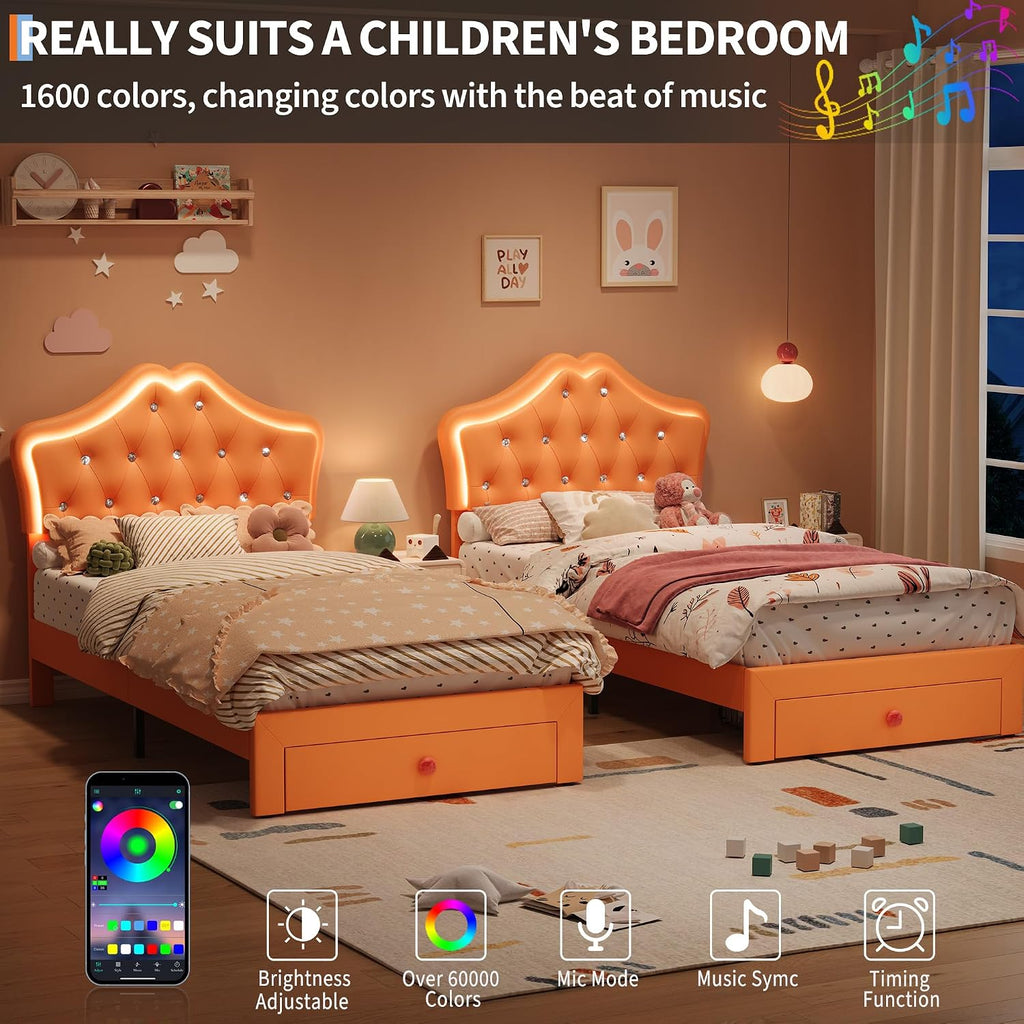 Garvee Twin Size Bed Frame with LED Lights & Velvet Crystal Button Headboard, Upholstered Boy/Girl Platform Bed with Storage Drawer, Noise Free, No Box Spring Needed for Kids, Teens, Orange