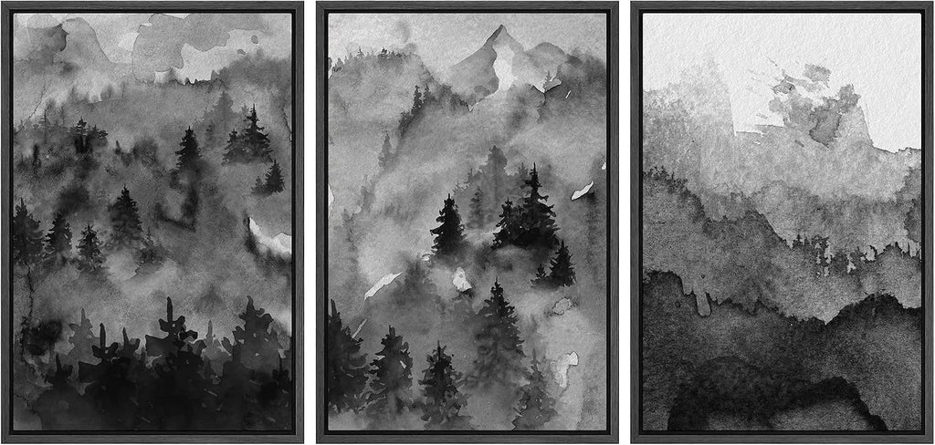 NWT Framed Canvas Print Wall Art Set Pastel Watercolor Dark Mountain Forest Nature Wilderness Illustrations Modern Art Decorative Landscape Rustic for Living Room, Bedroom, Office - 16'x24'x3 Black
