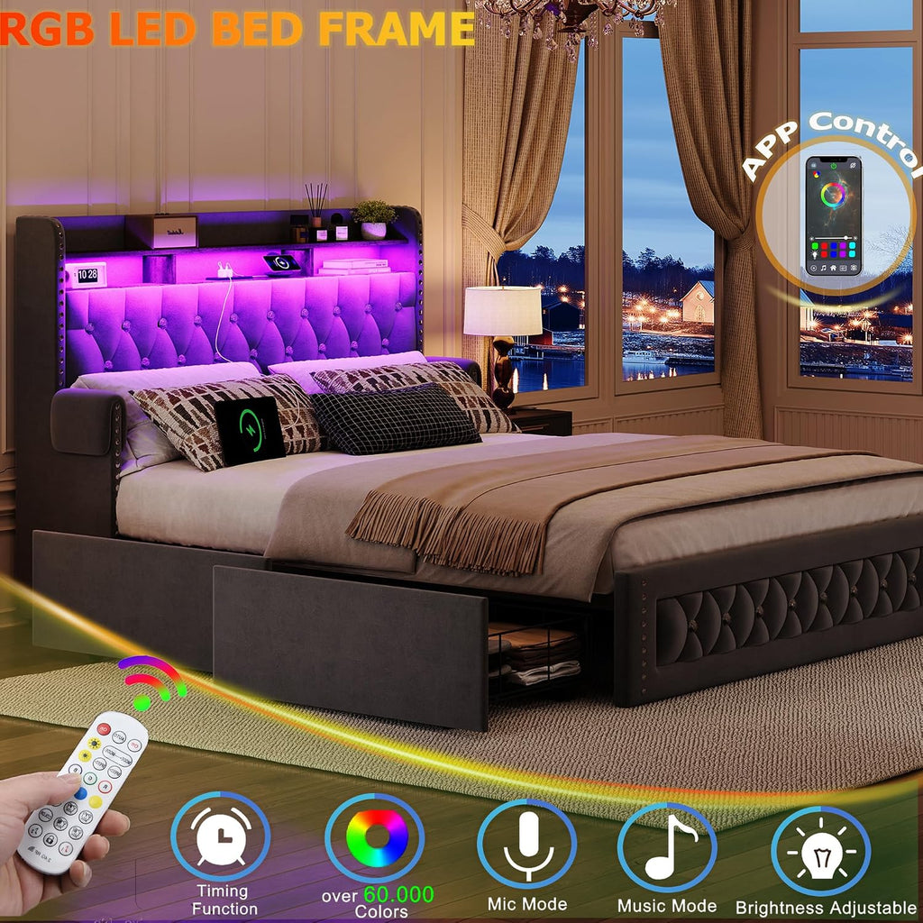 Ailisite Full Size Bed Frame with 4 Storage Drawers and RGB Led Lights,Velvet Upholstered Full Platform Bed with Charging Station and Bookcase Storage Headboard, with Crystal and Rivet Deco, Grey