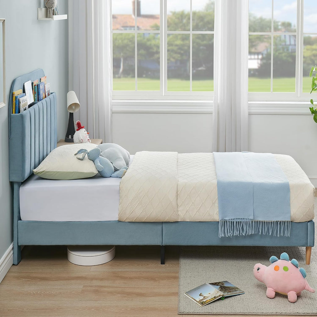 IDEALHOUSE 2PCS Twin Bed Frames, Upholstered Platform Bed Frame with Bookcase Headboard, Velvet Platform Bed Mattress Foundation, Heavy Duty Steel Support Legs, Easy Assembly, Noise Free, Blue