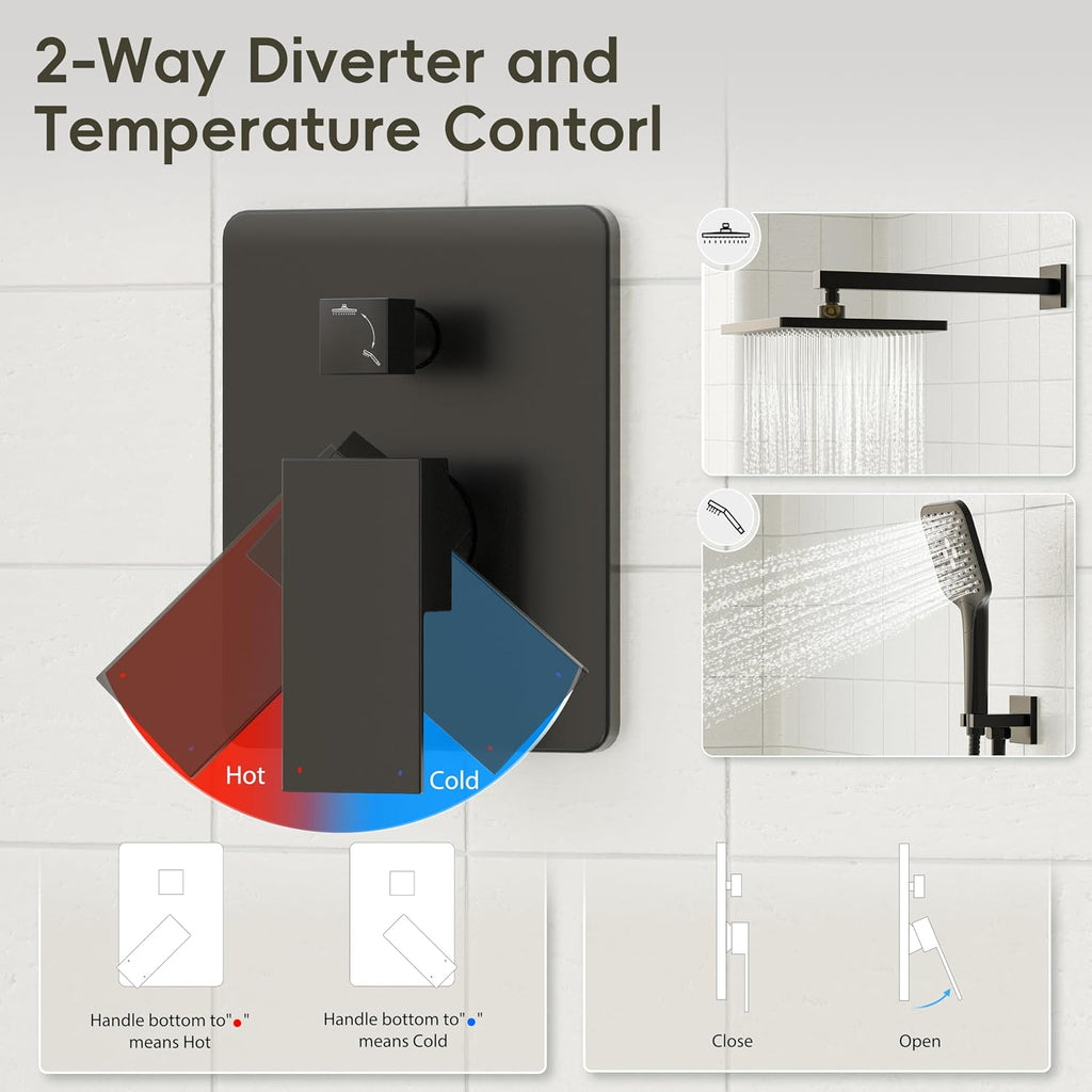 Gabrylly Shower System, 10 Inches Rain Shower Heads with Handheld Spray Combo, Wall Mounted Shower Faucets Sets Complete with Shower Valve Kit, Shower Head and Handle Set, Matte Black