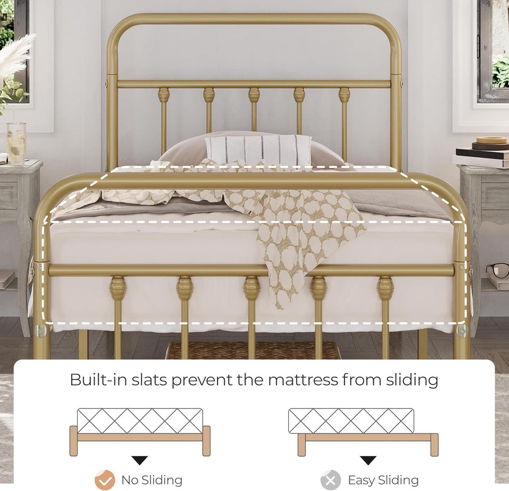 Yaheetech 2Pcs Twin Size Metal Platform Bed Frame with Victorian Style Iron-Art Headboard/Footboard/Under Bed Storage/No Box Spring Needed Antique Gold