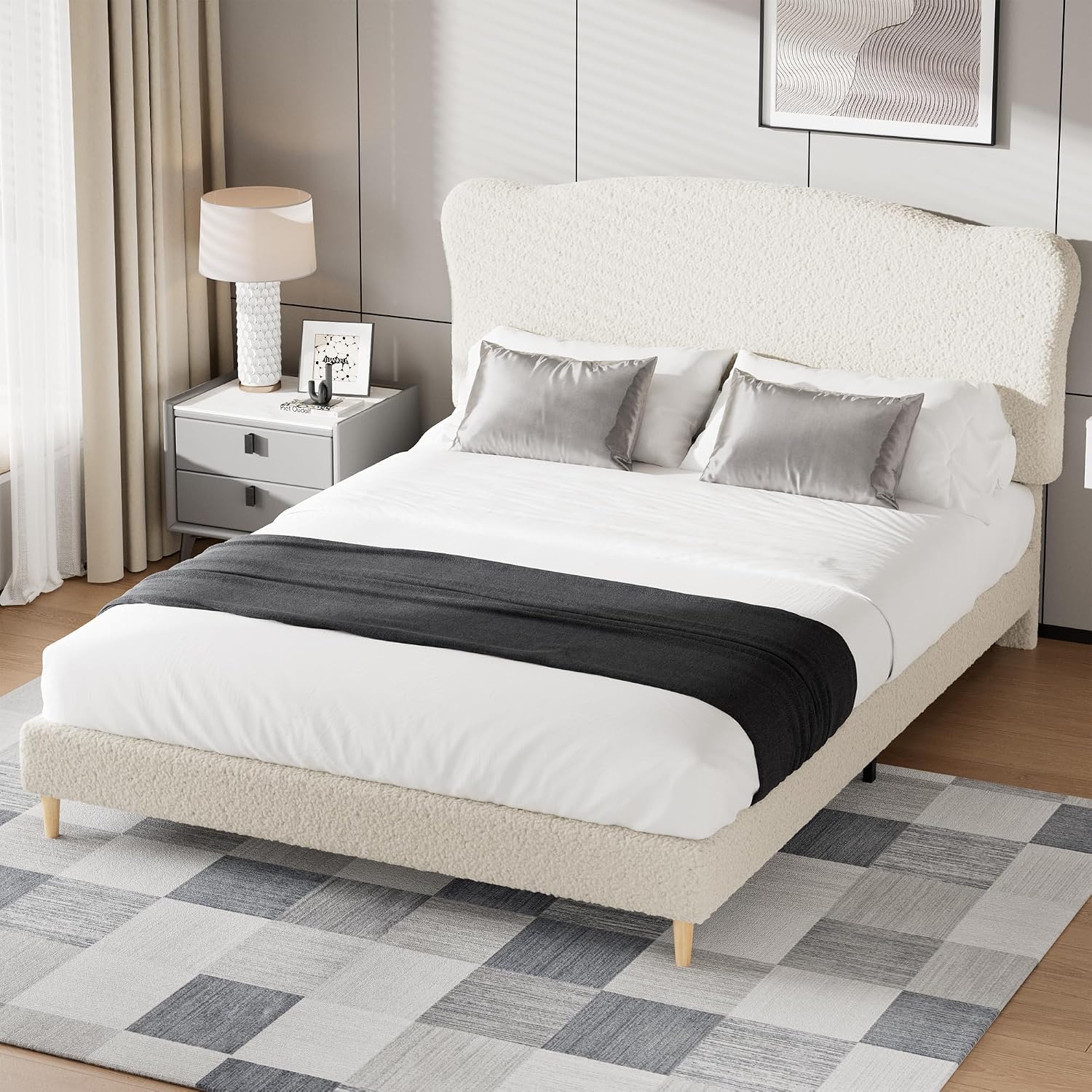 GarveeHome Queen Size Bed Frame with Upholstered Headboard, Soft Low Profile Sturdy Platform Bed with Rounded Corners Design, Heavy Duty, Wooden Slats, Noise Free, No Box Spring Needed, Beige