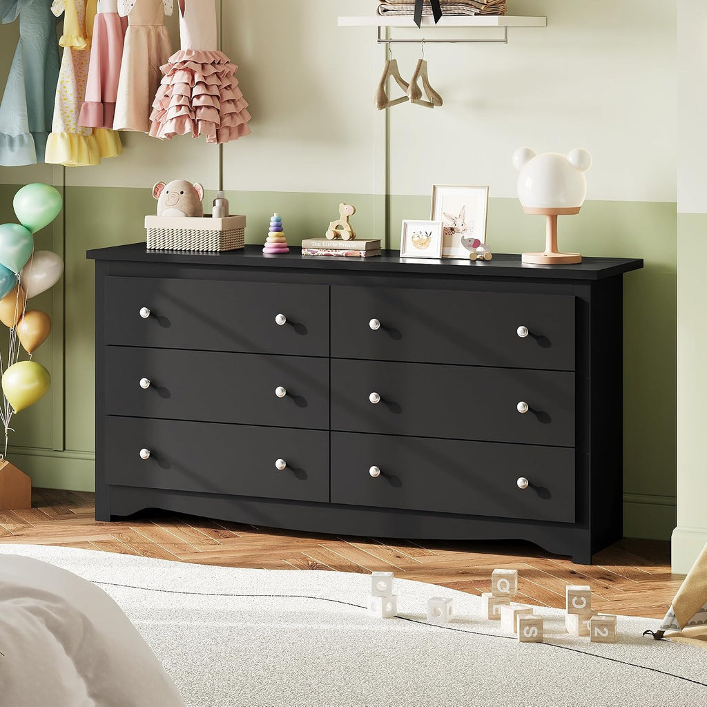 WLIVE Black Wooden Dresser for Bedroom, 6 Drawers Chest of Drawers, 59' Wide Modern Dresser Closet Storage Organizer for Living Room Hallway