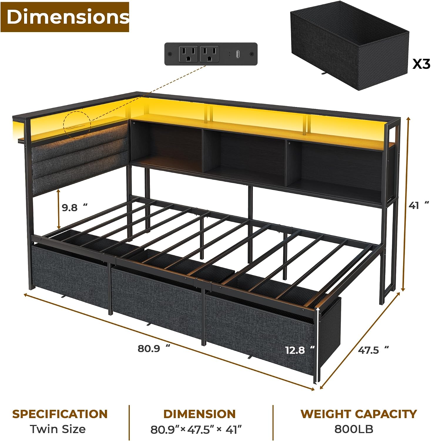 OURPIC Corner Bed Frame with Storage Bookcase and LED Lights, Twin Size Bed Frames with Upholstered Headboard and Charging Station, Twin Daybed with 3 Storage Drawers, Black