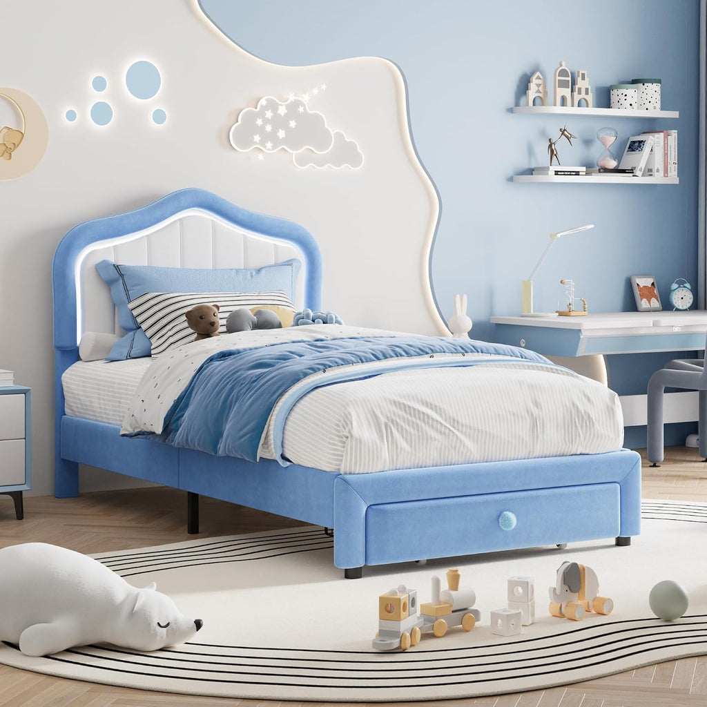 GarveeHome Upholstered Twin Bed Frame with Led Lights and Storage Drawer, Cute Velvet Led Bed Frame with Headboard for Kids, Girls, Boys, No Box Spring Needed, Wooden Slats, Noise Free, Blue