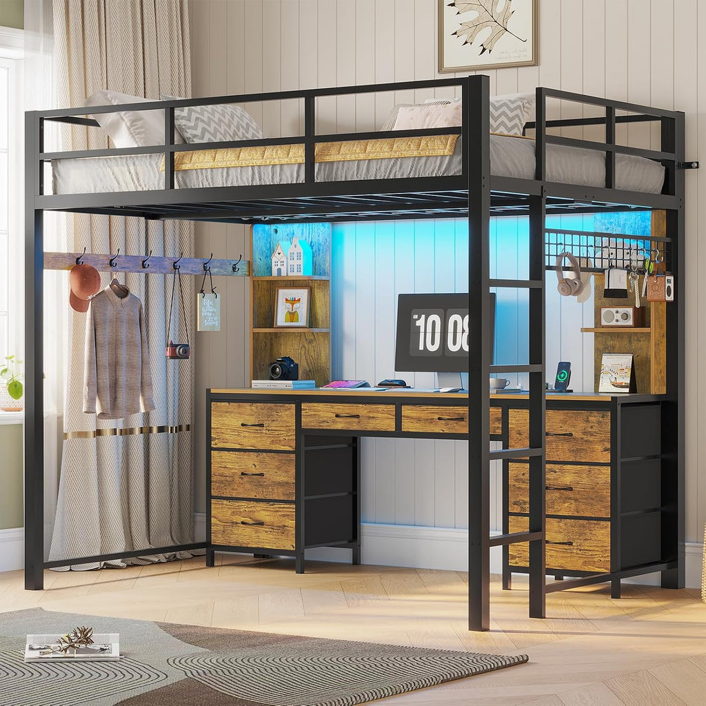 ADORNEVE Full Size Loft Bed with Desk and 8 Storage Drawers, Metal Loft Beds Full with LED Lights & Charging Sation, Heavy Duty Loft Bed Frame with 6 Storage Shelves, Space-Saving, Rustic Brown