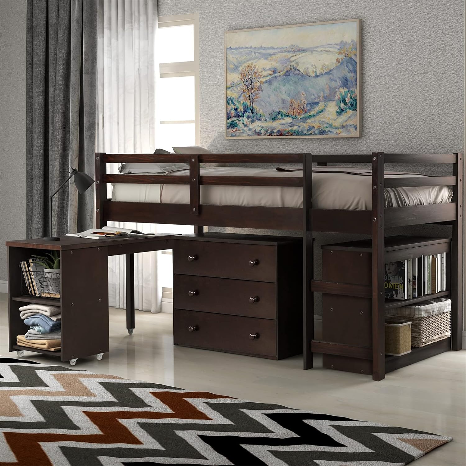 Bellemave Low Loft Bed Wood Loft Bed Frame with Storage Cabinet and Rolling Portable Desk for Kids and Teen, Boys, Girls, Twin,Espresso
