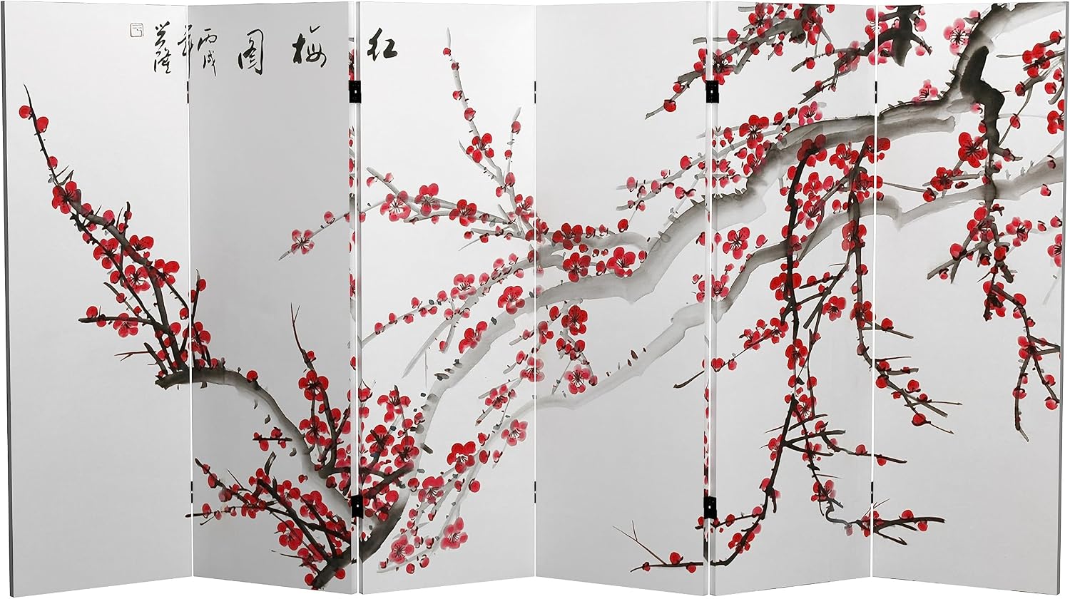 Red Lantern 4 ft. Short Double Sided Plum Blossom Canvas Folding Screen 6 Panel Freestanding Partition and Separator for Modern and Contemporary Bedroom, Home Office, Studio, Dorm, Apartment