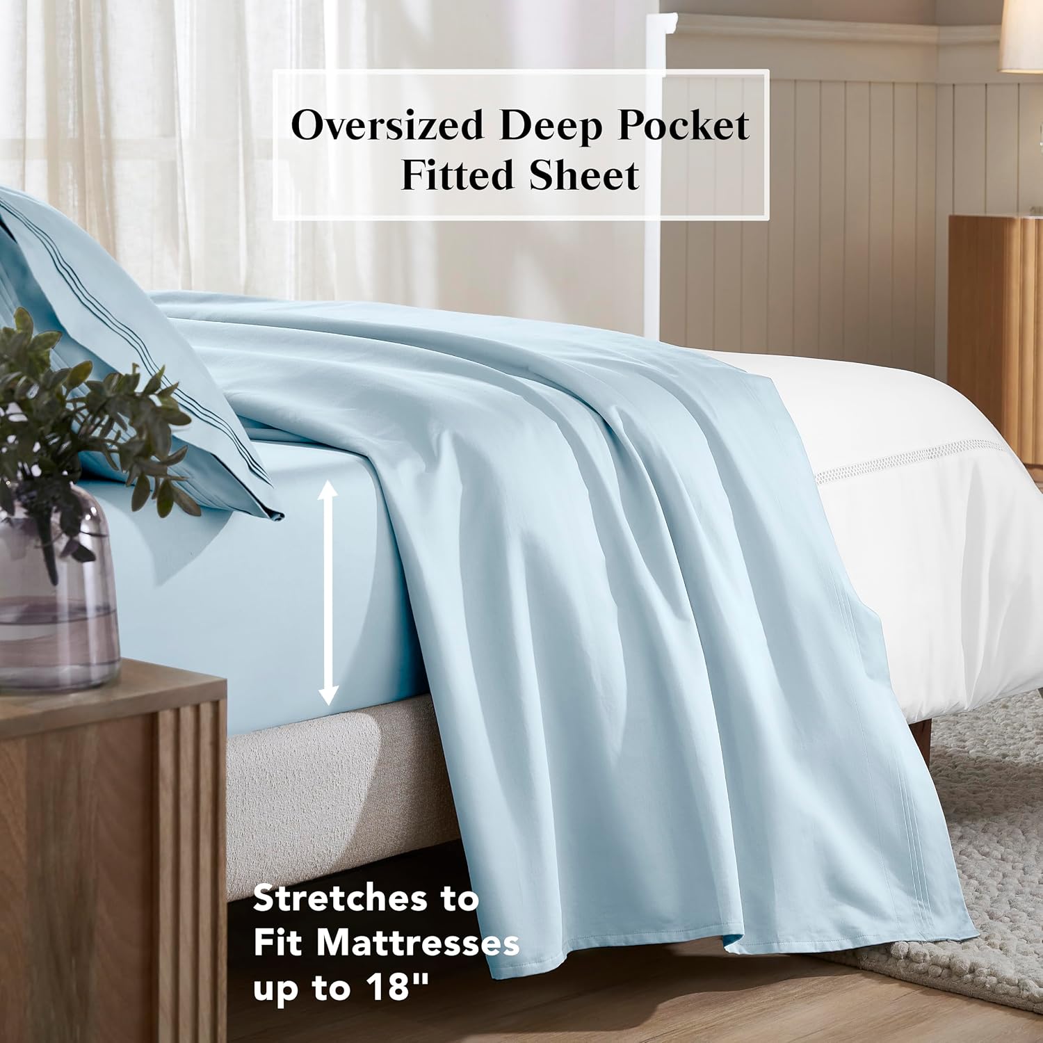 Superior Egyptian Cotton 4 Piece Sheet Set, 650 Thread Count, Modern Design, Sustainable Sheets, Ultra-Soft Basics, Solid, Deep Pocket Fitted Sheet, Flat Sheet, Pillowcases, King, Baby Blue