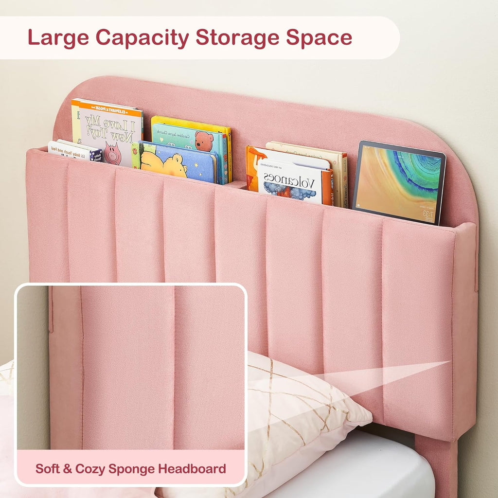 IDEALHOUSE 2PCS Twin Bed Frames, Upholstered Platform Bed Frame with Bookcase Headboard, Velvet Platform Bed Mattress Foundation, Heavy Duty Steel Support Legs, Easy Assembly, Noise Free, Light Pink