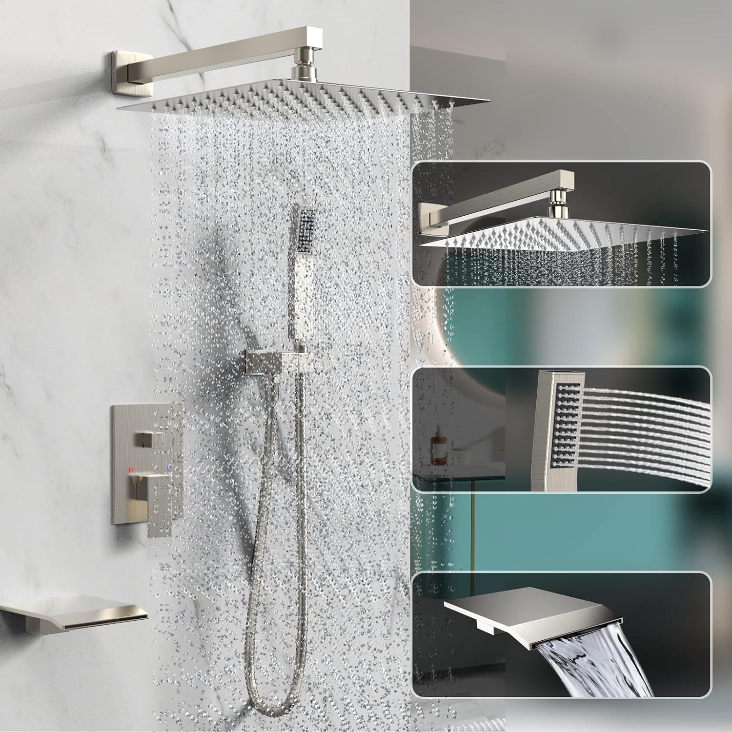 Rain Shower System 12 inch Shower Faucet Set with Tub Spout,Bathroom Wall Mounted Waterfall Shower Head Faucet Sets Complete with Handheld Spray,Rough-in Valve Body and Trim kit,Brushed Nickel