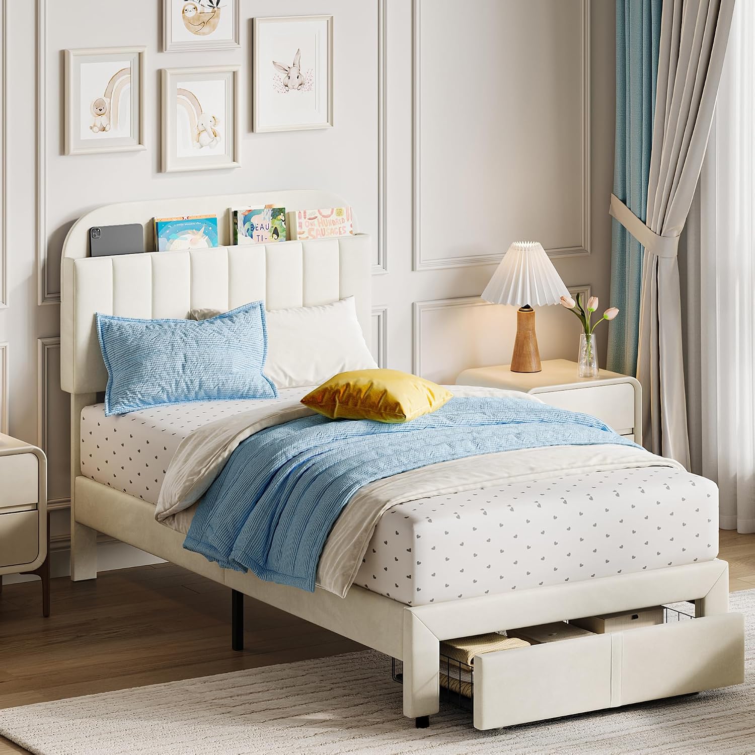 GarveeHome Twin Bed Frame with Drawer, Velvet Upholstered Platform Bed Frame with Storage Headboard, No Box Spring Needed, Easy Assembly, Noise-Free, Beige