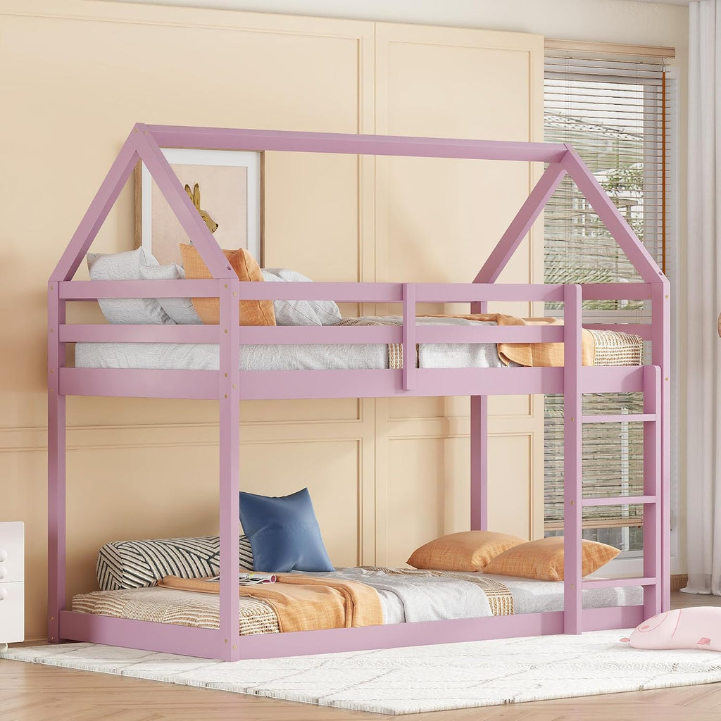 Bellemave Twin Over Twin Bunk Bed, Wooden House Bunk Bed with Ladder and Guardrails for Bedroom, Dormitory, Suit for Kids, Teens, Juniors, No Box Spring Needed, Pink