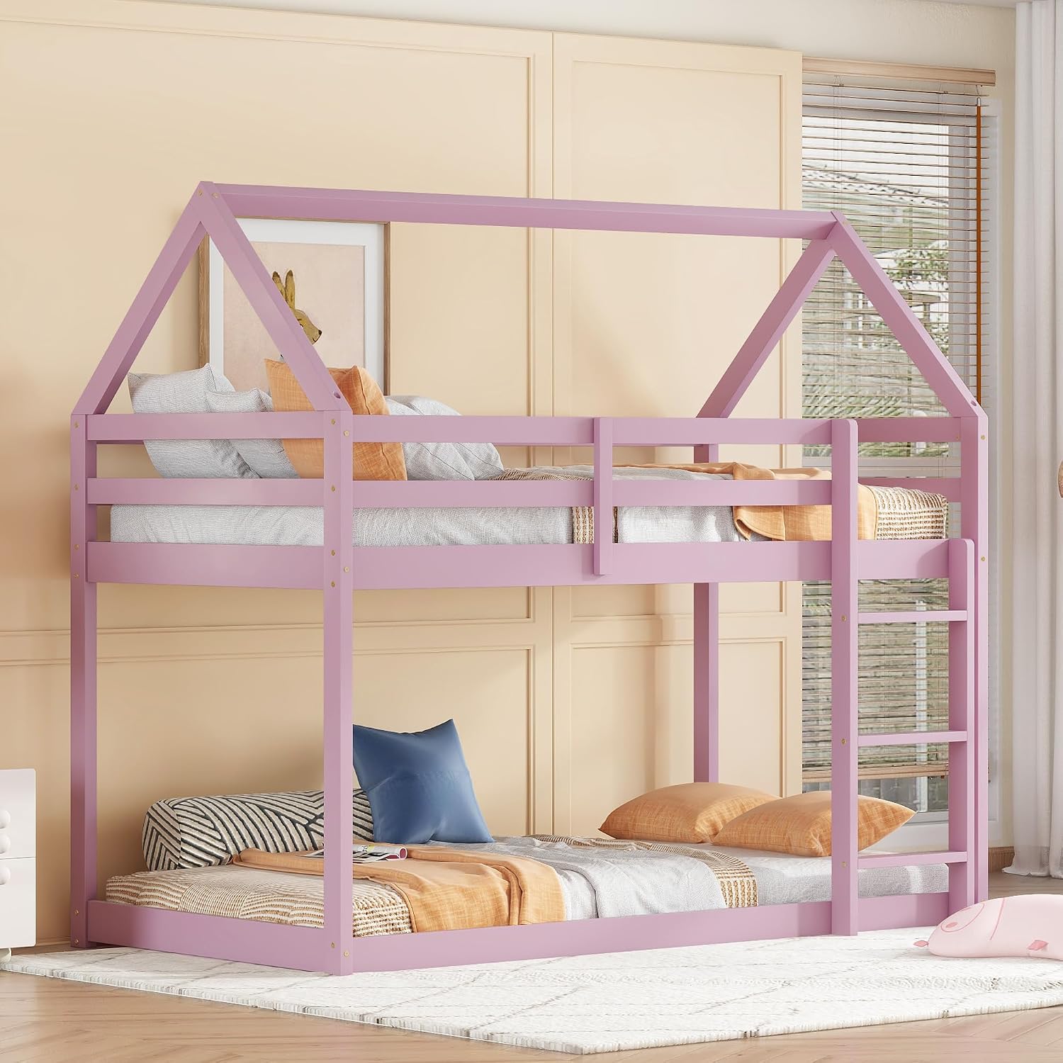 Bellemave Twin Over Twin Bunk Bed, Wooden House Bunk Bed with Ladder and Guardrails for Bedroom, Dormitory, Suit for Kids, Teens, Juniors, No Box Spring Needed, Pink