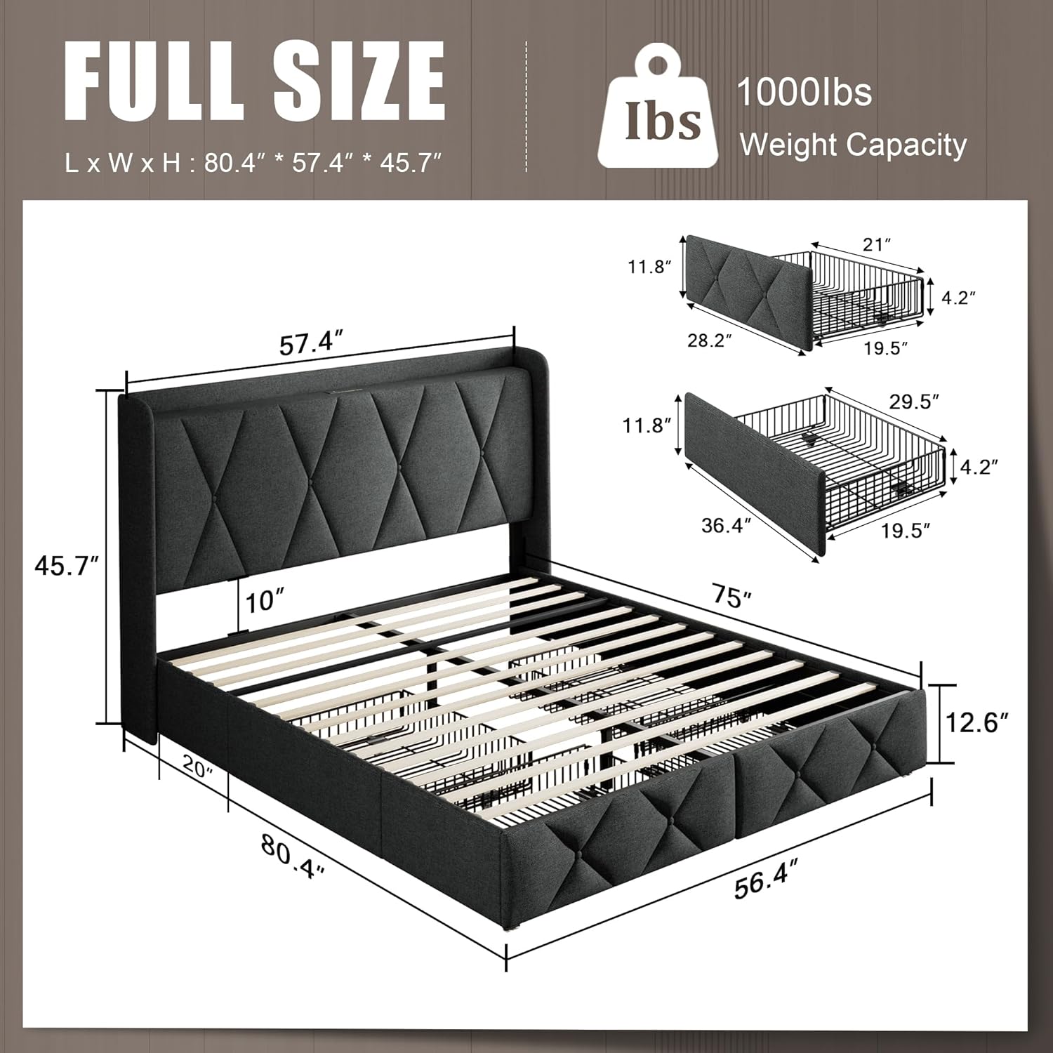 Einhomn Full Size Bed Frame with 4 Storage Drawers and Charging Station, Upholstered Platform Bed Frame with Storage Headboard, No Box Spring Needed, Easy Assembly, Dark Grey