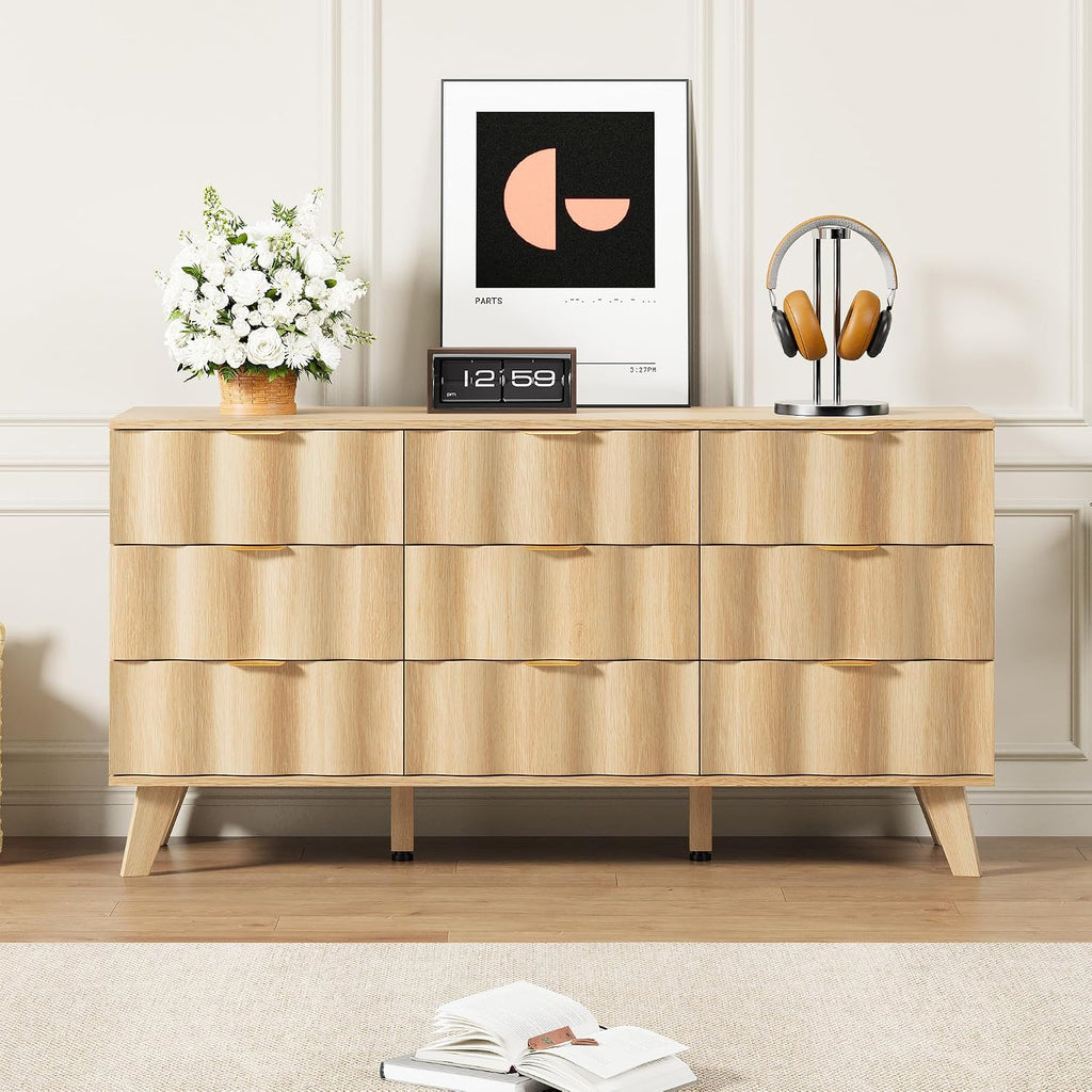 9 Drawer Dresser, Modern Fluted Storage Dresser with Deep Drawers and Metal Handles, Wood Chest of Drawers Storage Organizer for Bedroom, Living Room, Hallway (Natural)