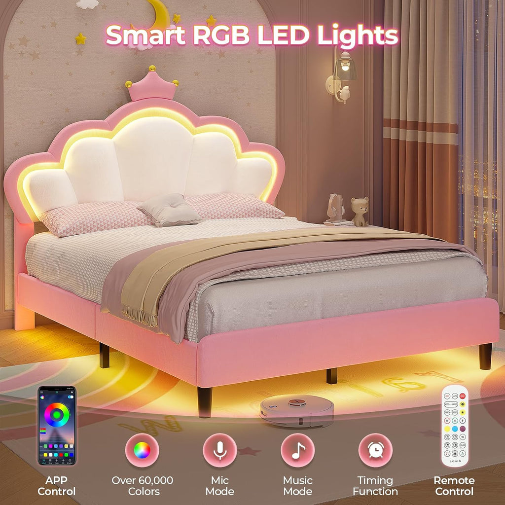 ADORNEVE Full Bed Frame with LED Lights, Princess Bed with Adjustable Chic Double Shell Headboard, Full Girl Bed Velvet Upholstered Platform Bed with Princess Crown, Solid Wood Slats Support, Pink