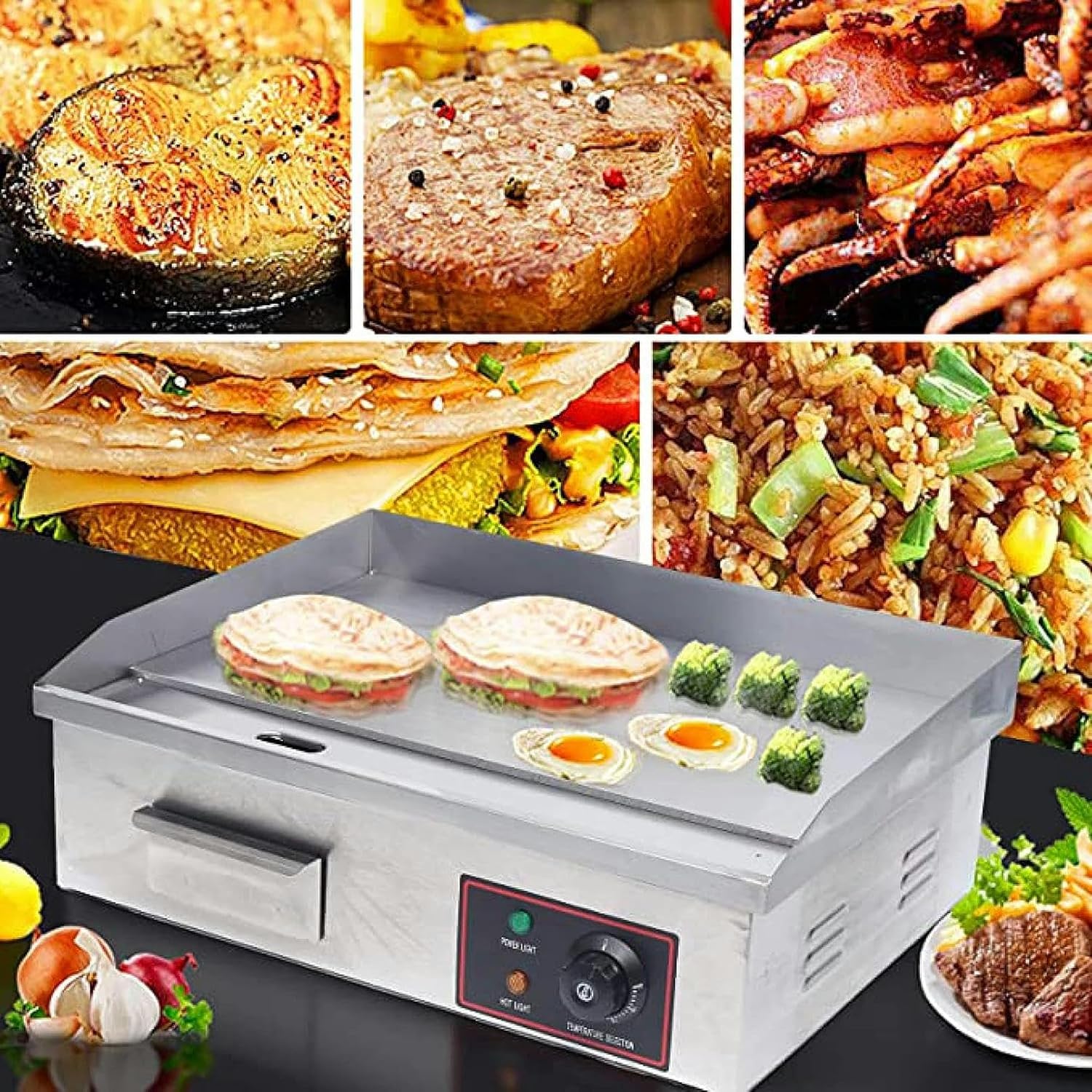 Commercial Electric Flat Top Countertop Griddle/ 1500W Stainless Steel Teppanyaki Grill/Non-Stick Bakeware, Adjustable Temperature from 122°F-572°F