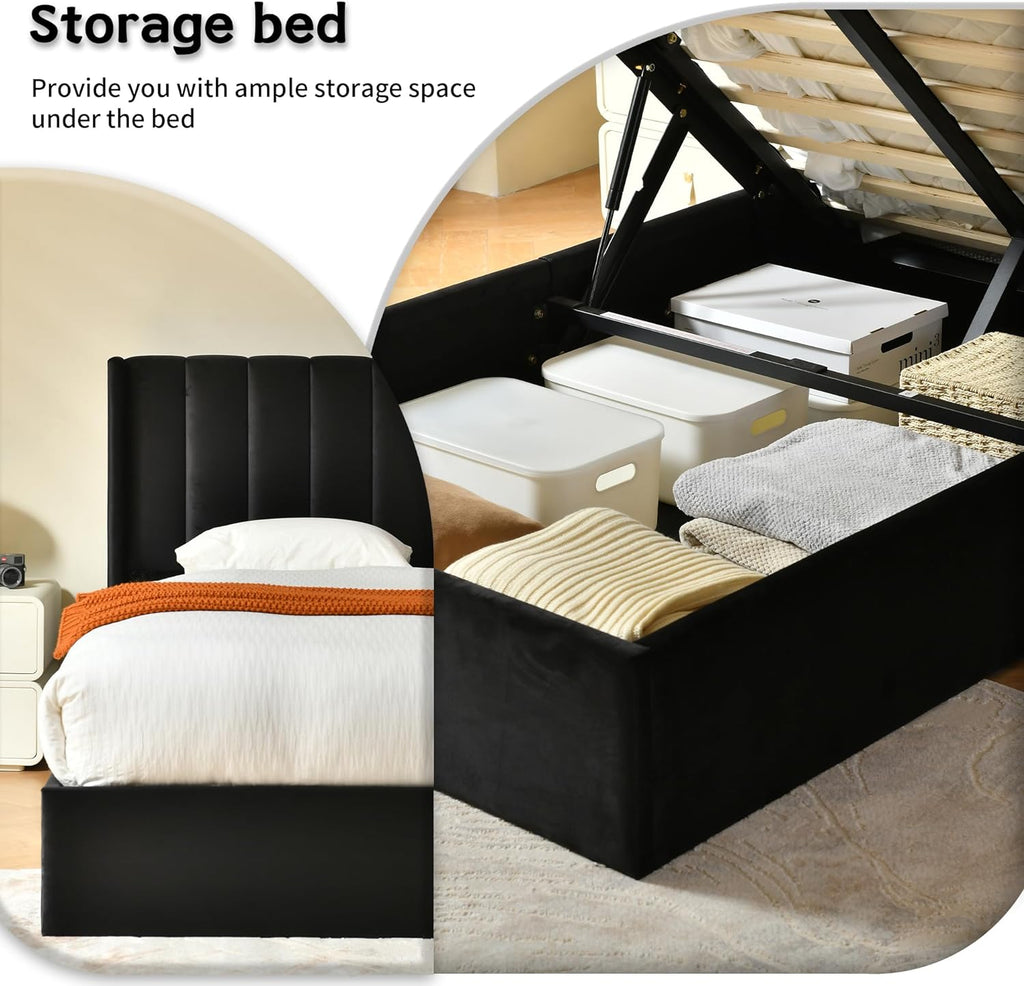 YUHUASHI Queen Size Hydraulic Storage Bed, Upholstered Platform Bed Frame, Modern Wingback Design Headboard, Velvet Fabric with Hydraulic Support Bars, No Box Spring Required (Black, Queen)