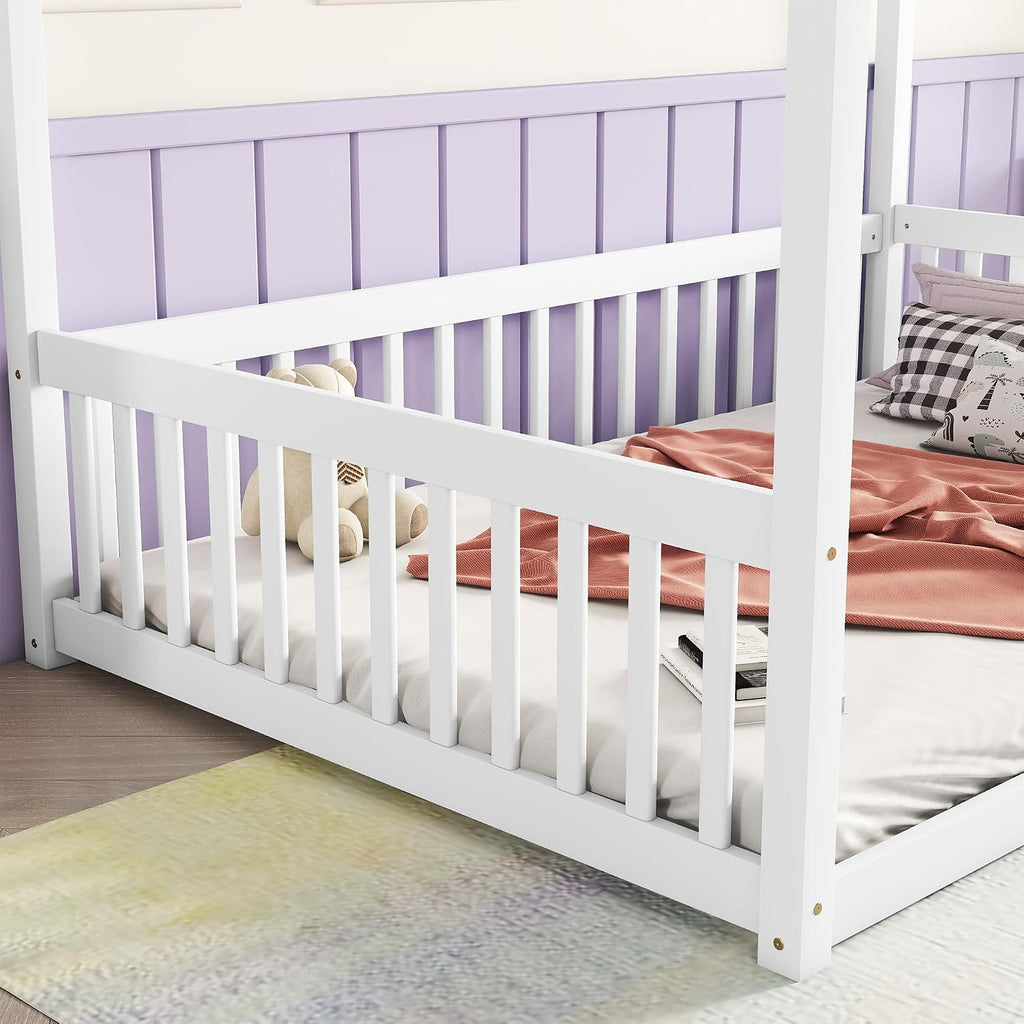 CZBZ Full Size Rubber Wood Canopy Floor Bed with Guardrails, White — Modern Minimalist Bedroom Centerpiece for Rest, Reading & Quiet Play