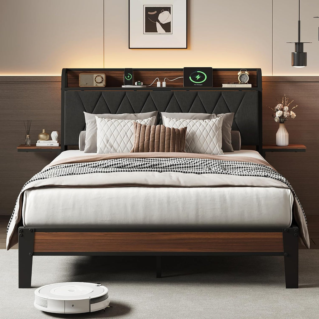 WLIVE Full Size Bed Frame with Headboard, Upholstered Bed Frame with 2 Storage Shelves, Platform Bed with LED Lights and Charging Station, 1500LBS Mattress Foundation, No Box Spring Needed, Black