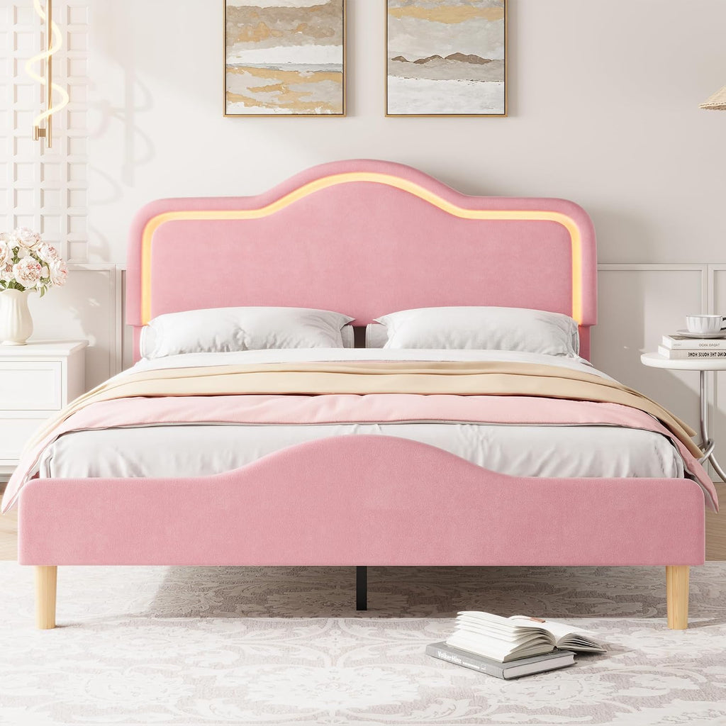 IDEALHOUSE Full Size Bed Frame with LED Lights, Velvet Upholstered Platform Bed with Adjustable Headboard for Kids/Girls, Wooden Slats Support, No Box Spring Needed, Pink