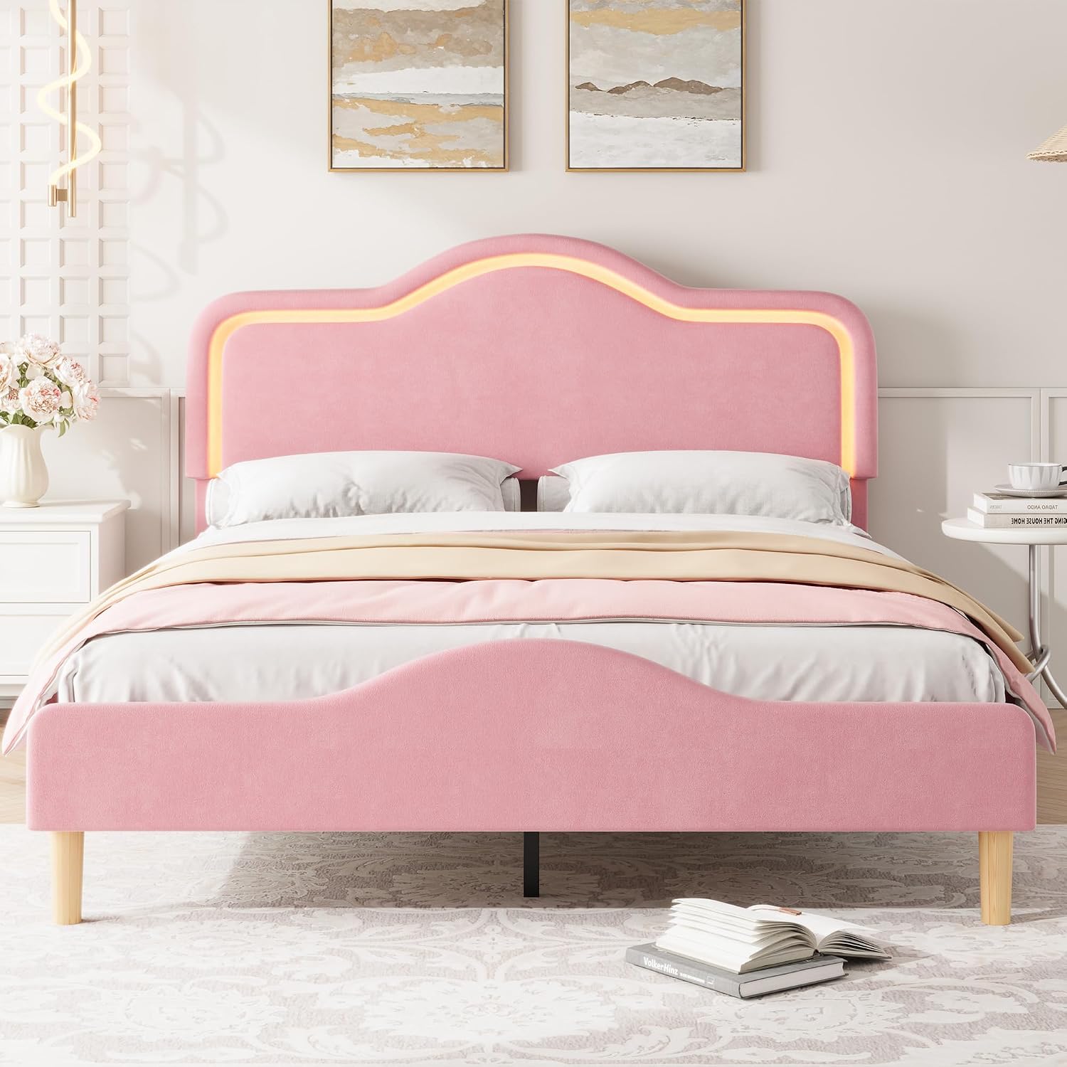 IDEALHOUSE Full Size Bed Frame with LED Lights, Velvet Upholstered Platform Bed with Adjustable Headboard for Kids/Girls, Wooden Slats Support, No Box Spring Needed, Pink