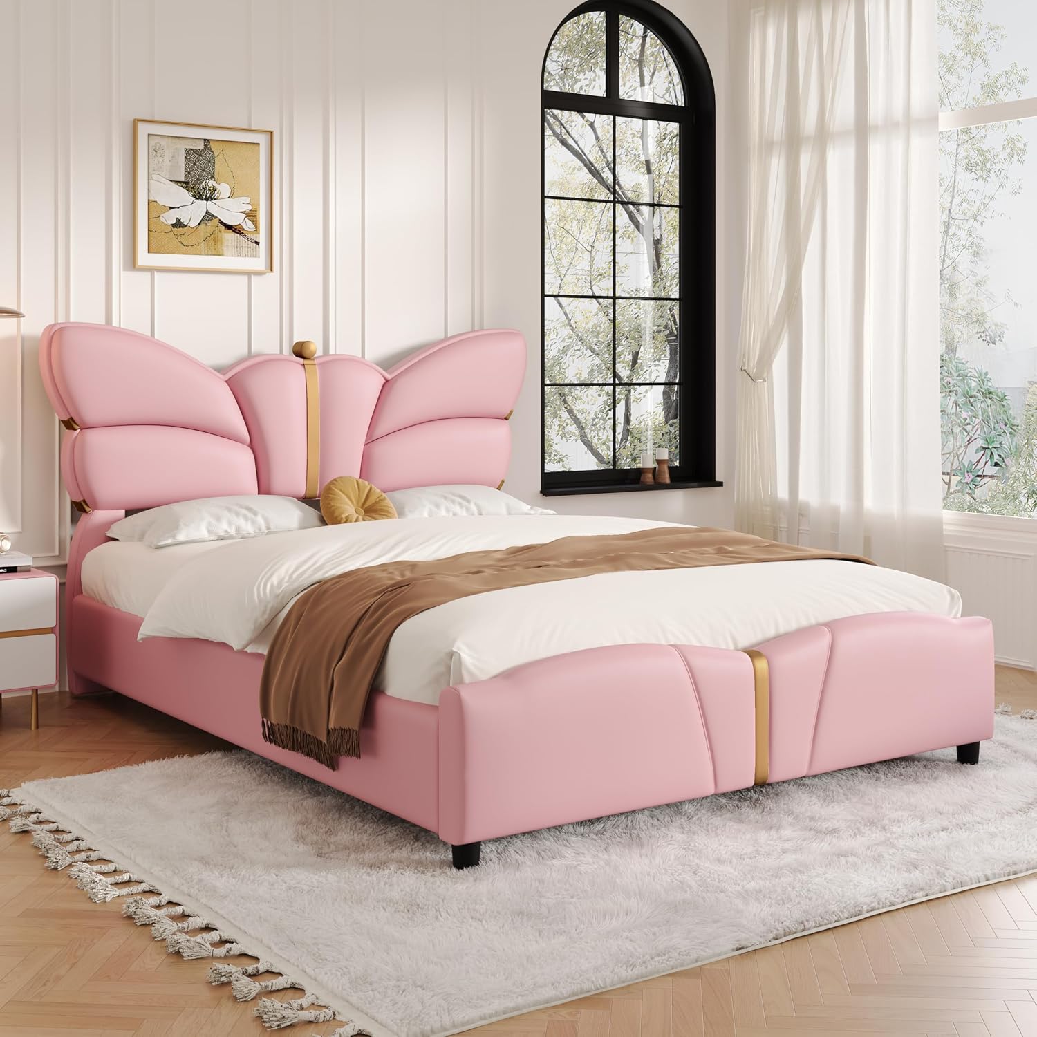 Merax PU Leather Upholstered Platform Bed with Butterfly Shaped Headboard and Footboard, Queen Size Bed Frame for Bedroom, Solid Wood Slats Support, No Box Spring Needed, Easy Assembly, Light Pink