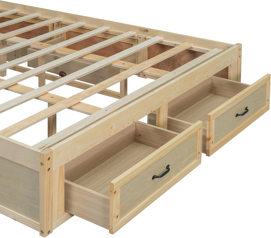 SOFTSEA Queen Size Bed Frame with 6 Storage Drawers, Wood Platform Bed Frame No Headboard with Support Slats, Farmhosue Platform Bed with Drawers, No Box Spring Needed, Easy Assembly, Antique Natural