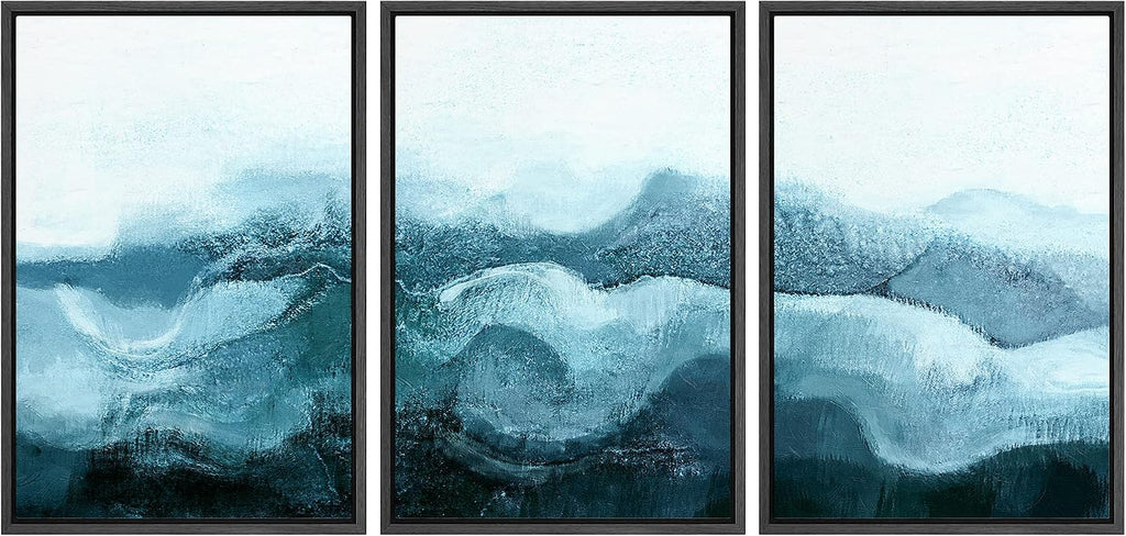 NWT Framed Canvas Print Wall Art Set Blue White Minimal Winter Cloud Mountain Abstract Wilderness Illustrations Art Rustic Scenic Relax/Calm for Living Room, Bedroom, Office - 16'x24'x3 Black