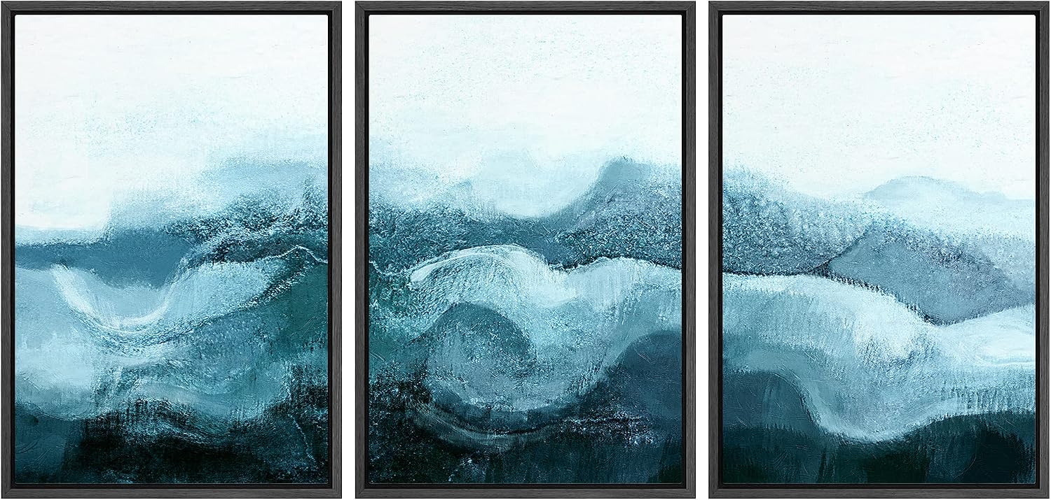 NWT Framed Canvas Print Wall Art Set Blue White Minimal Winter Cloud Mountain Abstract Wilderness Illustrations Art Rustic Scenic Relax/Calm for Living Room, Bedroom, Office - 16'x24'x3 Black