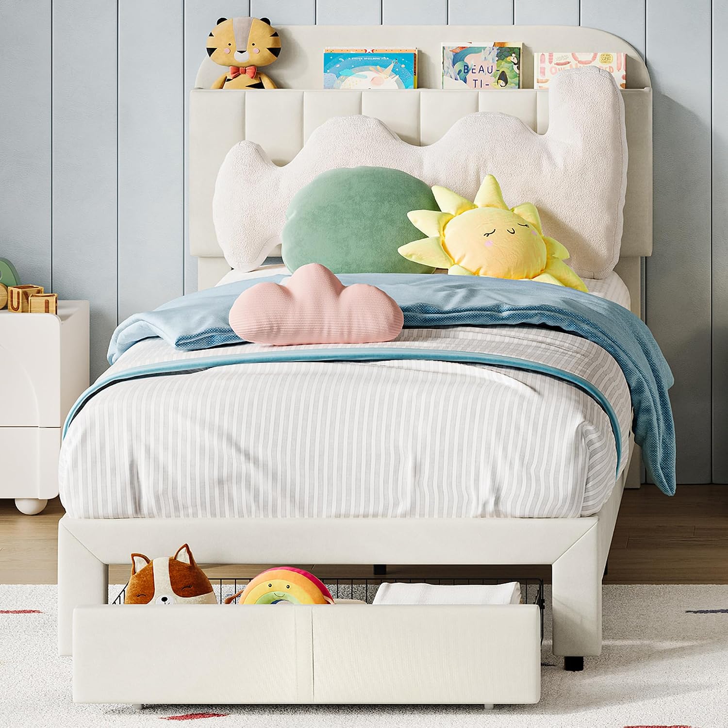 GarveeHome Twin Bed Frame with Drawer, Velvet Upholstered Platform Bed Frame with Storage Headboard, No Box Spring Needed, Easy Assembly, Noise-Free, Beige