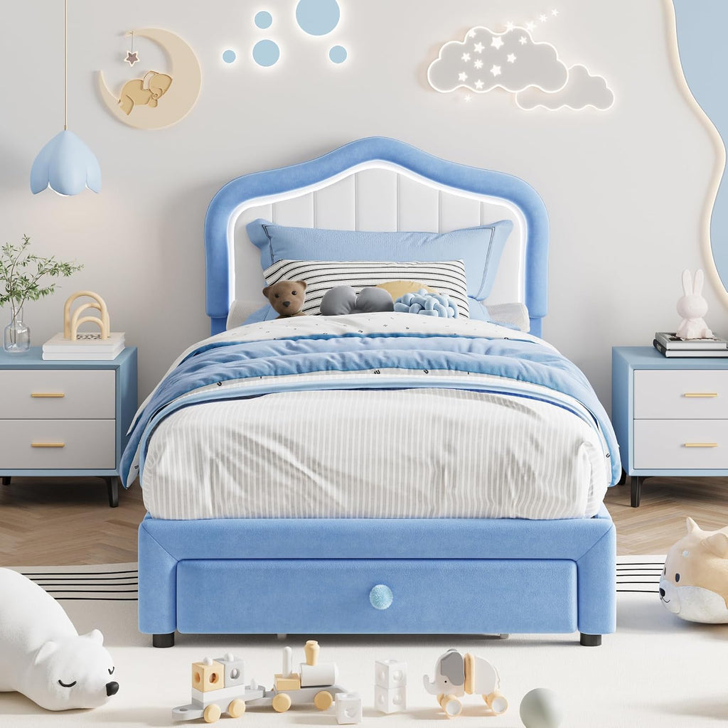 GarveeHome Upholstered Twin Bed Frame with Led Lights and Storage Drawer, Cute Velvet Led Bed Frame with Headboard for Kids, Girls, Boys, No Box Spring Needed, Wooden Slats, Noise Free, Blue