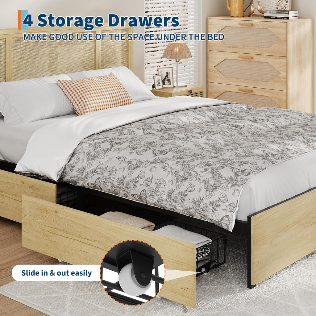 IDEALHOUSE Full Bed Frame with Natural Rattan Headboard, Slats, Bohemian-Style Cane Mattress Support, Strong Metal Base with Resilient Wooden, No Box Spring Needed