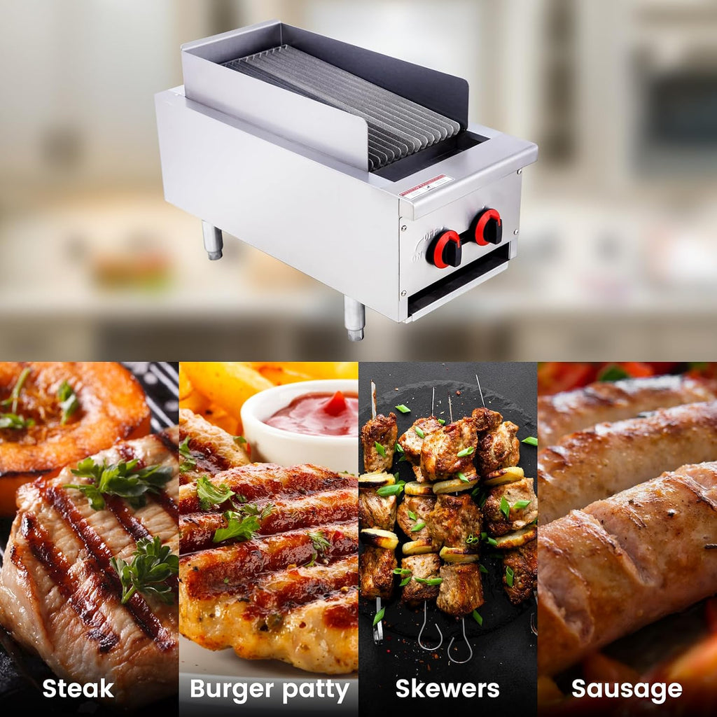 Commercial Gas Charbroiler, 14' 2-Burner 40,000 BTU Countertop Gas Grill, Heavy-Duty Stainless Steel, ETL Certified for Restaurant Kitchen, Food Truck, Cafeteria