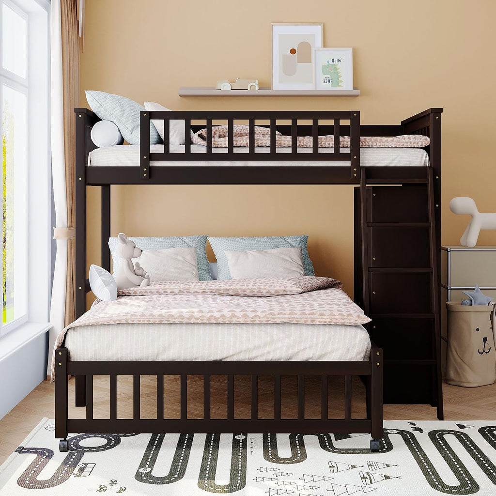 Ball & Cast Wooden Twin Over Full Bunk Bed with 6 Drawers & Flexible Shelves,Bottom Bedframe W/Wheel,Easy Assembly,Space Saving,Versatile Storage Furniture for Boy Girl Teen Compact Bedroom,Espresso